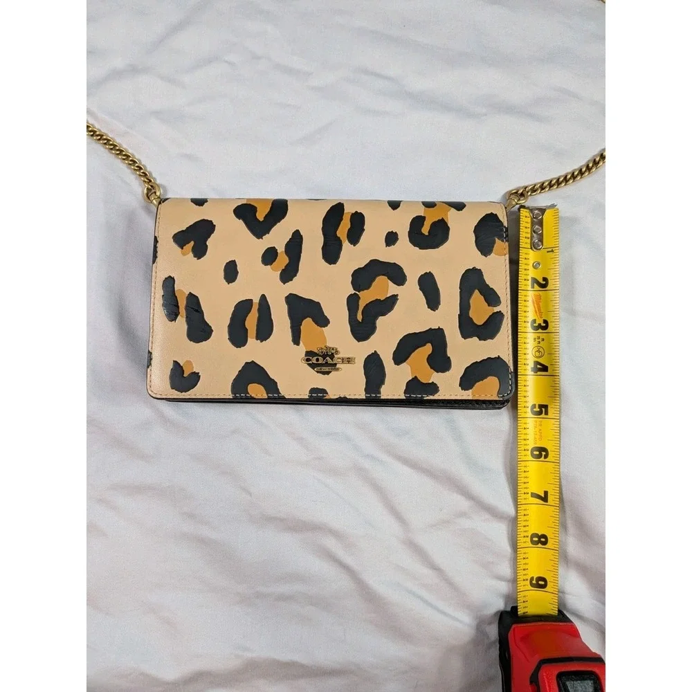 Coach Callie Foldover Chain Clutch Leopard Print Wallet Crossbody Brass Leather - Picture 8 of 9